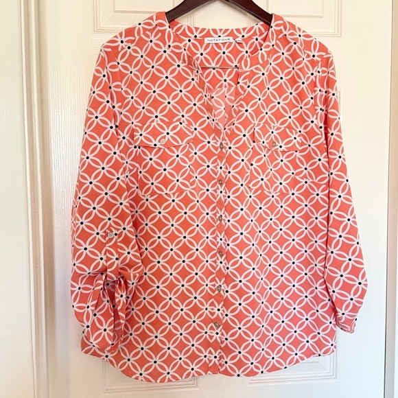 Notations Tops - Notations Vibrant Coral and White Geometric Blouse